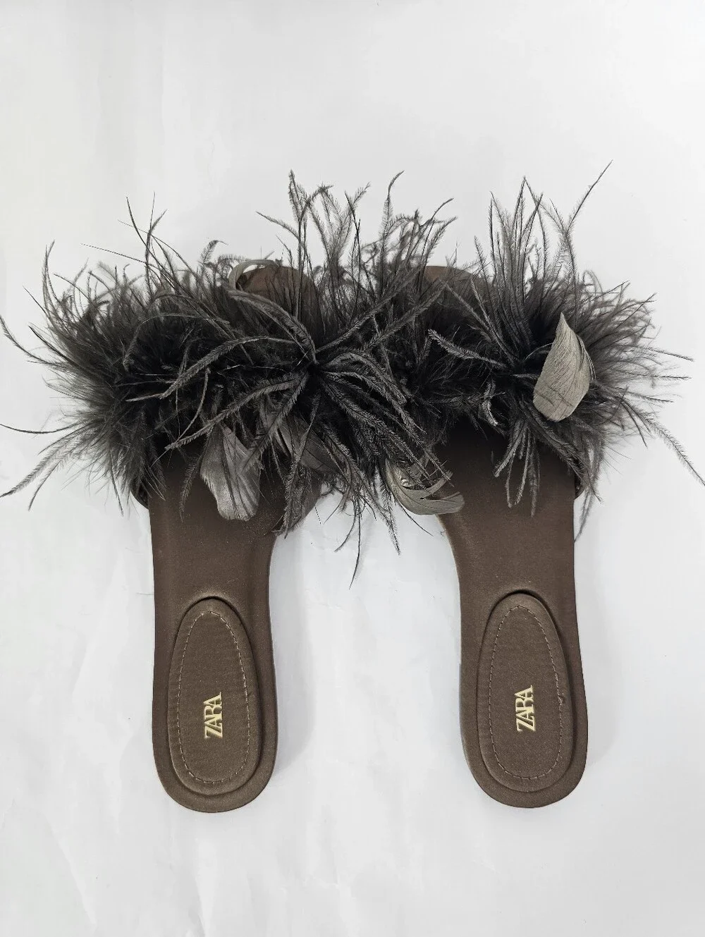 ZARA Feather Flat Sandals in Chocolate Brown Size 39 NEW